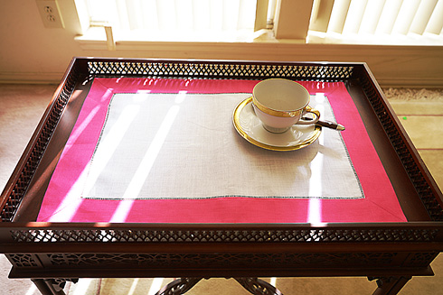 White Hemstitch Placemat 14"x20". Fuchsia Pink Color Borders.